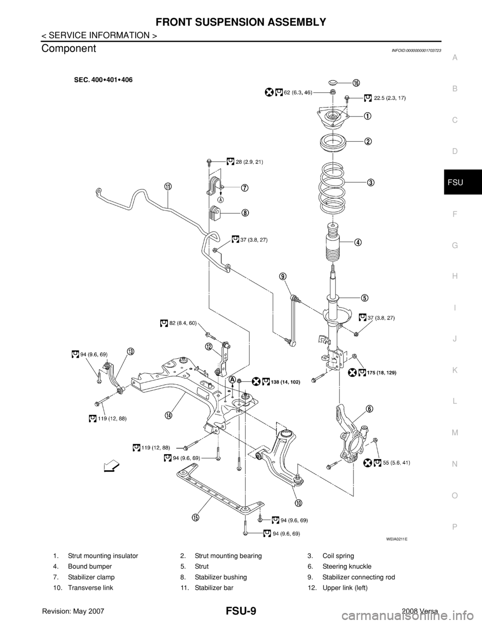 NISSAN TIIDA 2008 Service Repair Manual FRONT SUSPENSION ASSEMBLY
FSU-9
< SERVICE INFORMATION >
C
D
F
G
H
I
J
K
L
MA
B
FSU
N
O
P
ComponentINFOID:0000000001703723
1. Strut mounting insulator 2. Strut mounting bearing 3. Coil spring
4. Bound NISSAN TIIDA 2008 Service Repair Manual FRONT SUSPENSION ASSEMBLY
FSU-9
< SERVICE INFORMATION >
C
D
F
G
H
I
J
K
L
MA
B
FSU
N
O
P
ComponentINFOID:0000000001703723
1. Strut mounting insulator 2. Strut mounting bearing 3. Coil spring
4. Bound