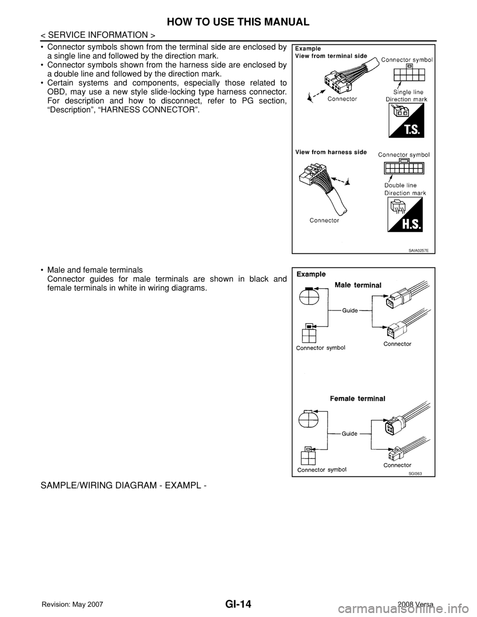NISSAN TIIDA 2008 Service Repair Manual GI-14
< SERVICE INFORMATION >
HOW TO USE THIS MANUAL
• Connector symbols shown from the terminal side are enclosed by
a single line and followed by the direction mark.
• Connector symbols shown fr NISSAN TIIDA 2008 Service Repair Manual GI-14
< SERVICE INFORMATION >
HOW TO USE THIS MANUAL
• Connector symbols shown from the terminal side are enclosed by
a single line and followed by the direction mark.
• Connector symbols shown fr