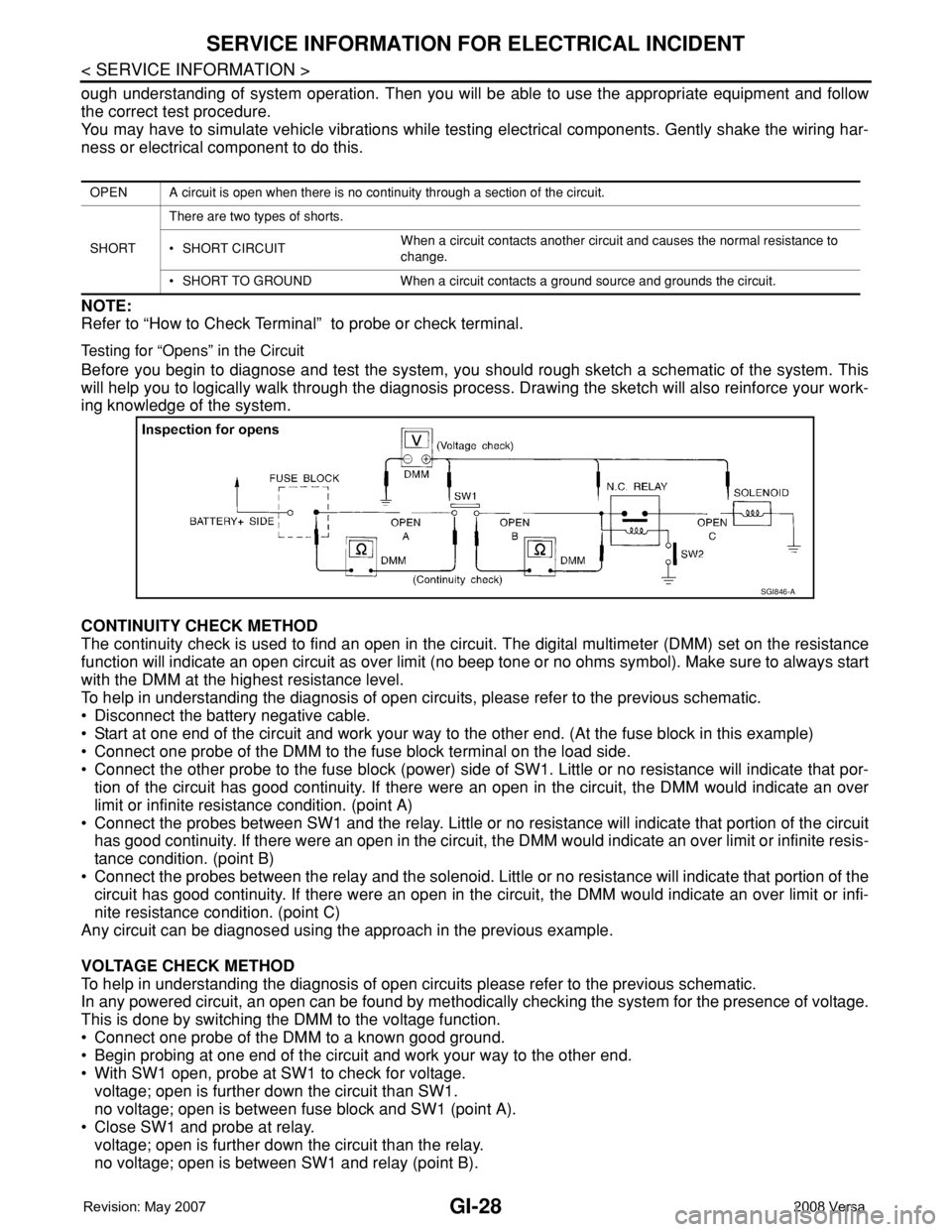 NISSAN TIIDA 2008 Service Repair Manual GI-28
< SERVICE INFORMATION >
SERVICE INFORMATION FOR ELECTRICAL INCIDENT
ough understanding of system operation. Then you will be able to use the appropriate equipment and follow
the correct test pro NISSAN TIIDA 2008 Service Repair Manual GI-28
< SERVICE INFORMATION >
SERVICE INFORMATION FOR ELECTRICAL INCIDENT
ough understanding of system operation. Then you will be able to use the appropriate equipment and follow
the correct test pro