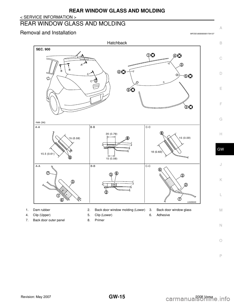 NISSAN TIIDA 2008  Service Repair Manual REAR WINDOW GLASS AND MOLDING
GW-15
< SERVICE INFORMATION >
C
D
E
F
G
H
J
K
L
MA
B
GW
N
O
P
REAR WINDOW GLASS AND MOLDING
Removal and InstallationINFOID:0000000001704137
Hatchback
LIIA2924E
1. Dam rub