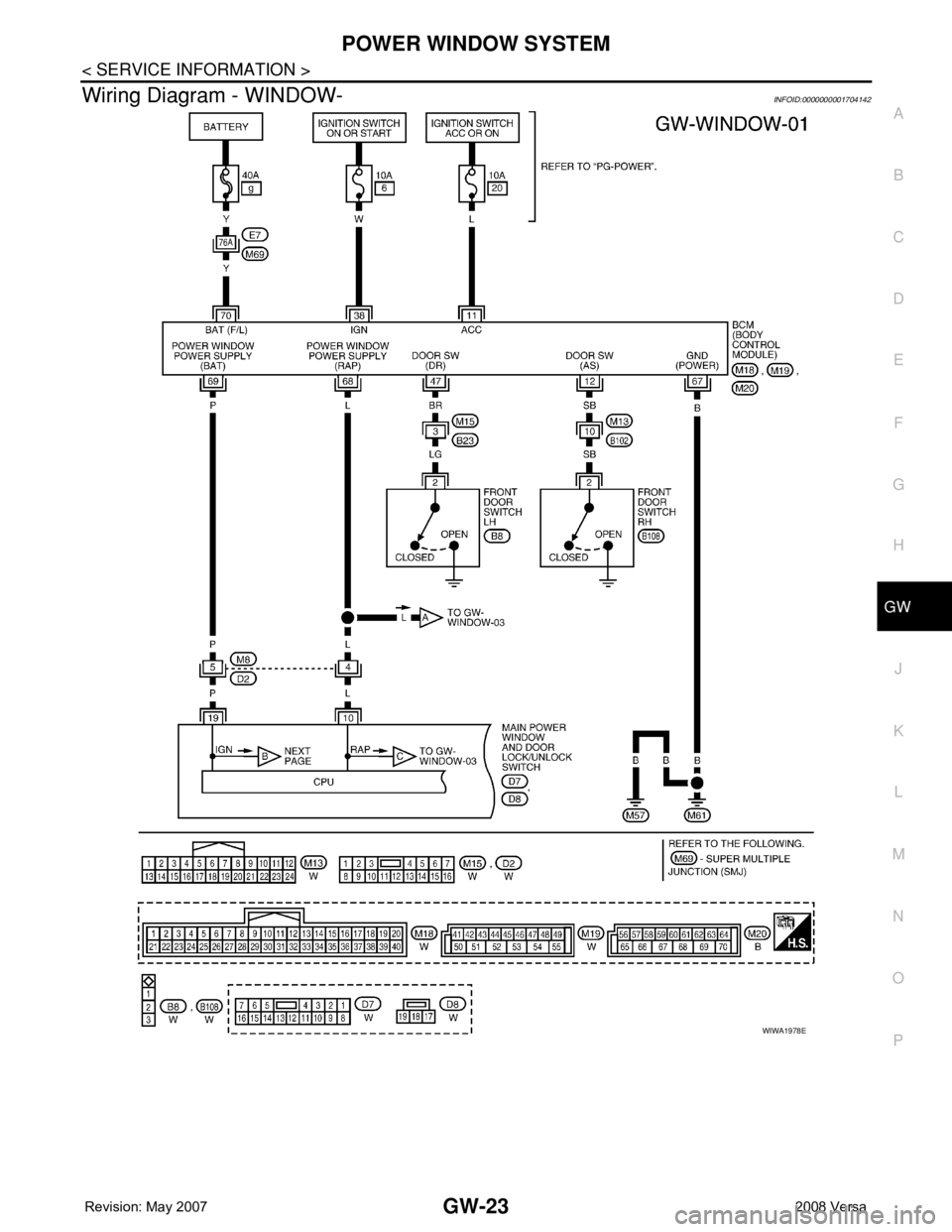 NISSAN TIIDA 2008 Service Repair Manual POWER WINDOW SYSTEM
GW-23
< SERVICE INFORMATION >
C
D
E
F
G
H
J
K
L
MA
B
GW
N
O
P
Wiring Diagram - WINDOW-INFOID:0000000001704142
WIWA1978E NISSAN TIIDA 2008 Service Repair Manual POWER WINDOW SYSTEM
GW-23
< SERVICE INFORMATION >
C
D
E
F
G
H
J
K
L
MA
B
GW
N
O
P
Wiring Diagram - WINDOW-INFOID:0000000001704142
WIWA1978E