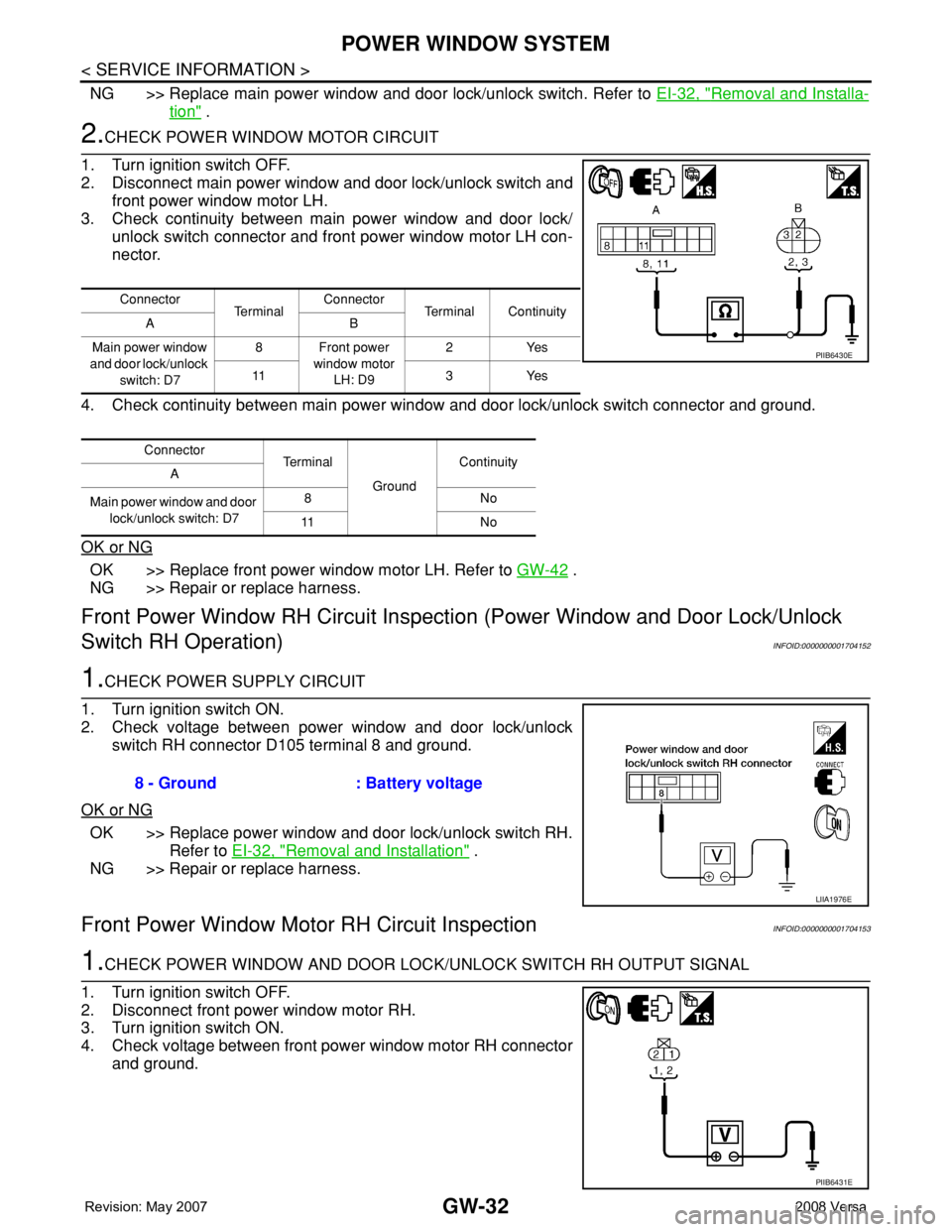 NISSAN TIIDA 2008 Service Repair Manual GW-32
< SERVICE INFORMATION >
POWER WINDOW SYSTEM
NG >> Replace main power window and door lock/unlock switch. Refer to EI-32, "Removal and Installa-
tion" .
2.CHECK POWER WINDOW MOTOR CIRCUIT NISSAN TIIDA 2008 Service Repair Manual GW-32
< SERVICE INFORMATION >
POWER WINDOW SYSTEM
NG >> Replace main power window and door lock/unlock switch. Refer to EI-32, "Removal and Installa-
tion" .
2.CHECK POWER WINDOW MOTOR CIRCUIT