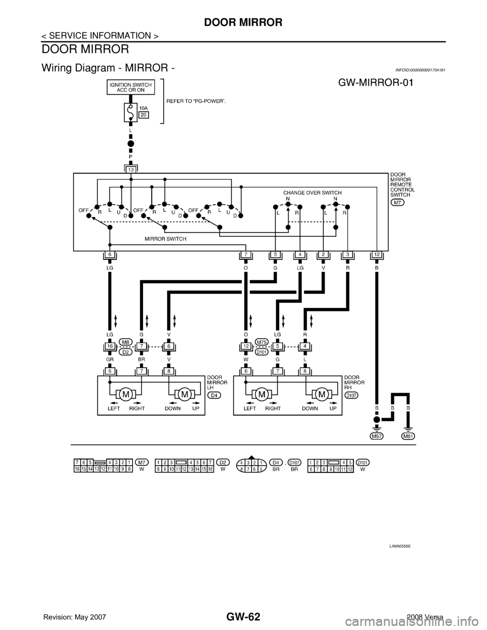 NISSAN TIIDA 2008  Service Repair Manual GW-62
< SERVICE INFORMATION >
DOOR MIRROR
DOOR MIRROR
Wiring Diagram - MIRROR -INFOID:0000000001704181
LIWA0559E 