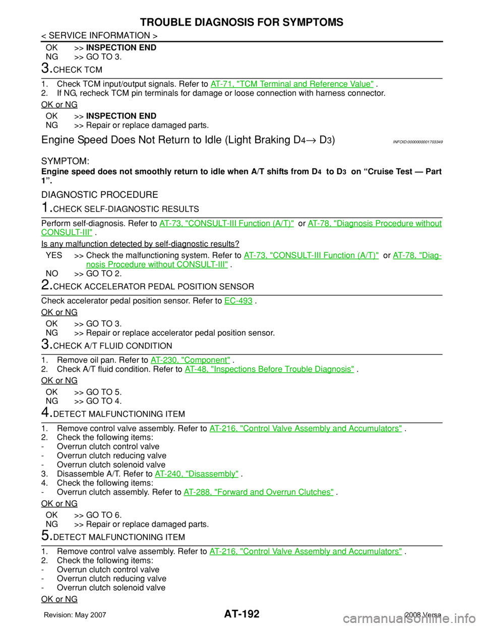 NISSAN TIIDA 2008  Service Repair Manual AT-192
< SERVICE INFORMATION >
TROUBLE DIAGNOSIS FOR SYMPTOMS
OK >>INSPECTION END
NG >> GO TO 3.
3.CHECK TCM
1. Check TCM input/output signals. Refer to AT-71, "
TCM Terminal and Reference Value&#