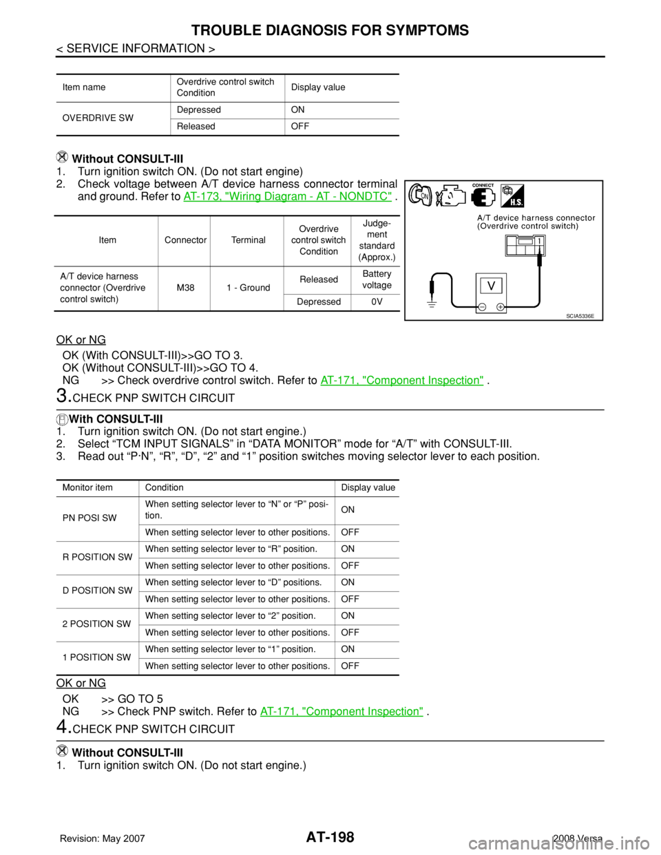 NISSAN TIIDA 2008 Service Repair Manual AT-198
< SERVICE INFORMATION >
TROUBLE DIAGNOSIS FOR SYMPTOMS
Without CONSULT-III
1. Turn ignition switch ON. (Do not start engine)
2. Check voltage between A/T device harness connector terminal
and g NISSAN TIIDA 2008 Service Repair Manual AT-198
< SERVICE INFORMATION >
TROUBLE DIAGNOSIS FOR SYMPTOMS
Without CONSULT-III
1. Turn ignition switch ON. (Do not start engine)
2. Check voltage between A/T device harness connector terminal
and g