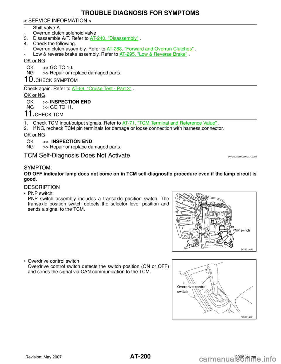 NISSAN TIIDA 2008 Service Repair Manual AT-200
< SERVICE INFORMATION >
TROUBLE DIAGNOSIS FOR SYMPTOMS
- Shift valve A
- Overrun clutch solenoid valve
3. Disassemble A/T. Refer to AT-240, "
Disassembly" .
4. Check the following.
- Ov NISSAN TIIDA 2008 Service Repair Manual AT-200
< SERVICE INFORMATION >
TROUBLE DIAGNOSIS FOR SYMPTOMS
- Shift valve A
- Overrun clutch solenoid valve
3. Disassemble A/T. Refer to AT-240, "
Disassembly" .
4. Check the following.
- Ov