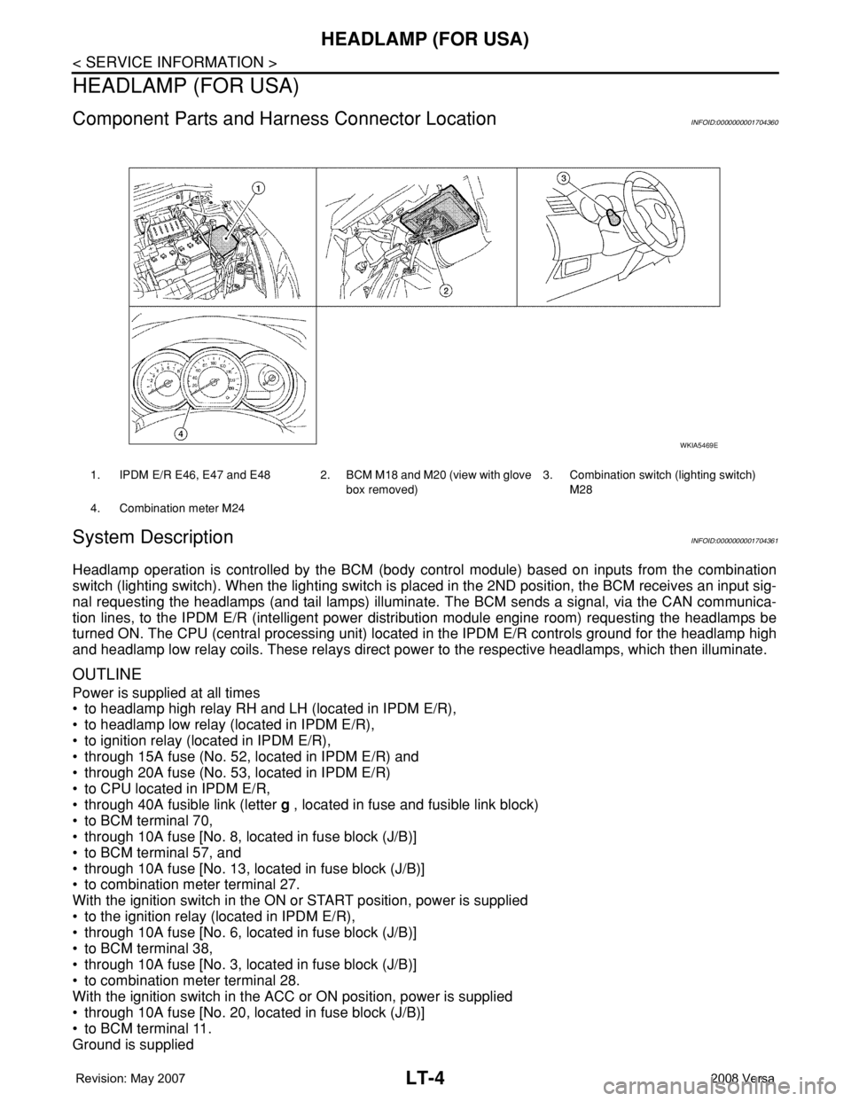 NISSAN TIIDA 2008 Service Repair Manual LT-4
< SERVICE INFORMATION >
HEADLAMP (FOR USA)
HEADLAMP (FOR USA)
Component Parts and Harness Connector LocationINFOID:0000000001704360
System DescriptionINFOID:0000000001704361
Headlamp operation is NISSAN TIIDA 2008 Service Repair Manual LT-4
< SERVICE INFORMATION >
HEADLAMP (FOR USA)
HEADLAMP (FOR USA)
Component Parts and Harness Connector LocationINFOID:0000000001704360
System DescriptionINFOID:0000000001704361
Headlamp operation is