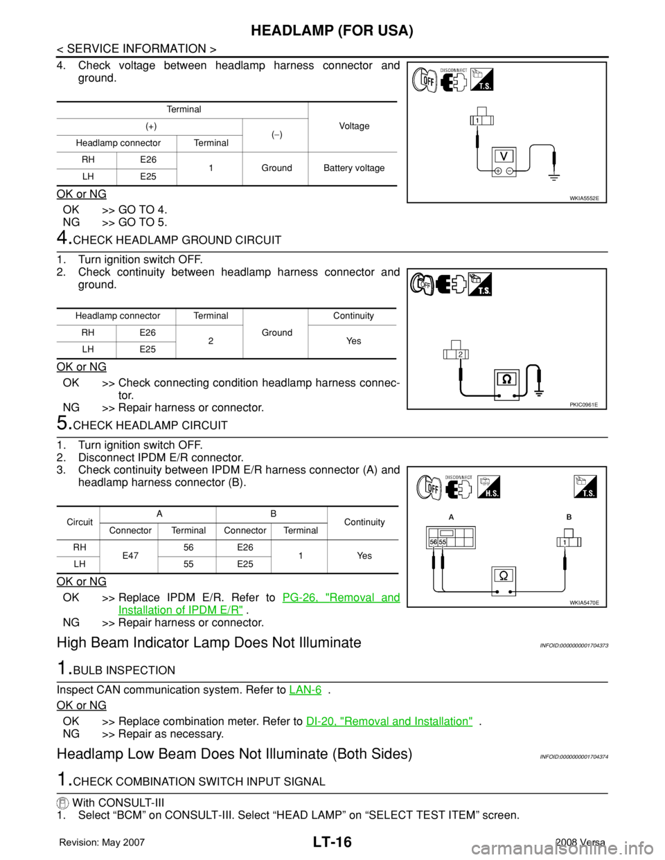 NISSAN TIIDA 2008 Service Repair Manual LT-16
< SERVICE INFORMATION >
HEADLAMP (FOR USA)
4. Check voltage between headlamp harness connector and
ground.
OK or NG
OK >> GO TO 4.
NG >> GO TO 5.
4.CHECK HEADLAMP GROUND CIRCUIT
1. Turn ignitio NISSAN TIIDA 2008 Service Repair Manual LT-16
< SERVICE INFORMATION >
HEADLAMP (FOR USA)
4. Check voltage between headlamp harness connector and
ground.
OK or NG
OK >> GO TO 4.
NG >> GO TO 5.
4.CHECK HEADLAMP GROUND CIRCUIT
1. Turn ignitio