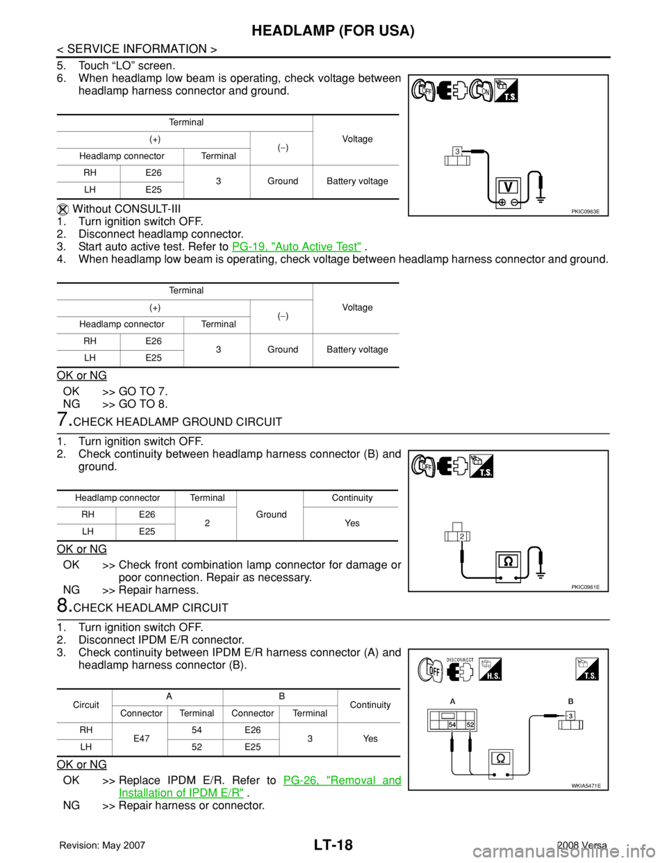 NISSAN TIIDA 2008 Service Repair Manual LT-18
< SERVICE INFORMATION >
HEADLAMP (FOR USA)
5. Touch “LO” screen.
6. When headlamp low beam is operating, check voltage between
headlamp harness connector and ground.
Without CONSULT-III
1. NISSAN TIIDA 2008 Service Repair Manual LT-18
< SERVICE INFORMATION >
HEADLAMP (FOR USA)
5. Touch “LO” screen.
6. When headlamp low beam is operating, check voltage between
headlamp harness connector and ground.
Without CONSULT-III
1.