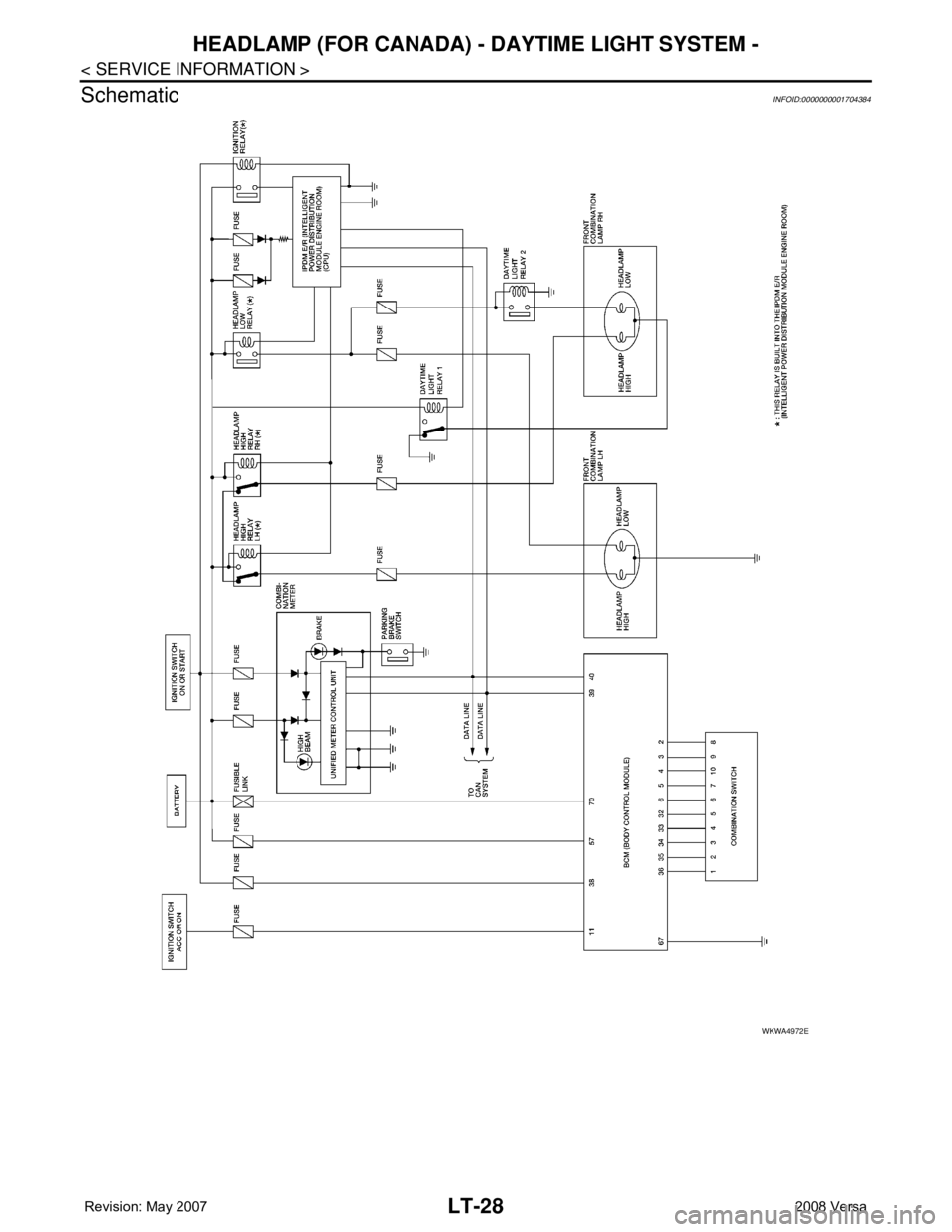 NISSAN TIIDA 2008  Service Repair Manual LT-28
< SERVICE INFORMATION >
HEADLAMP (FOR CANADA) - DAYTIME LIGHT SYSTEM -
Schematic
INFOID:0000000001704384
WKWA4972E 