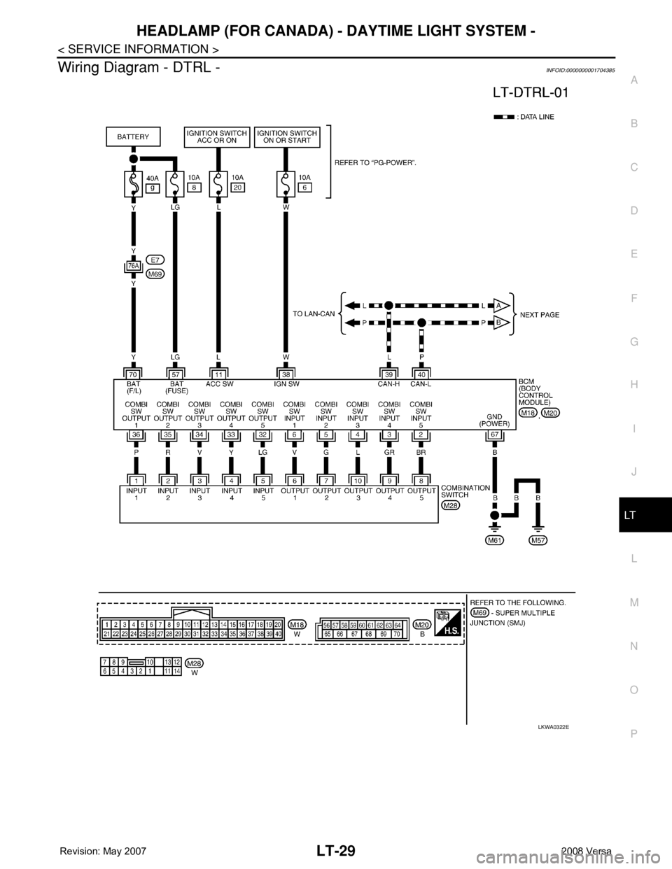 NISSAN TIIDA 2008  Service Repair Manual HEADLAMP (FOR CANADA) - DAYTIME LIGHT SYSTEM -
LT-29
< SERVICE INFORMATION >
C
D
E
F
G
H
I
J
L
MA
B
LT
N
O
P
Wiring Diagram - DTRL -INFOID:0000000001704385
LKWA0322E 