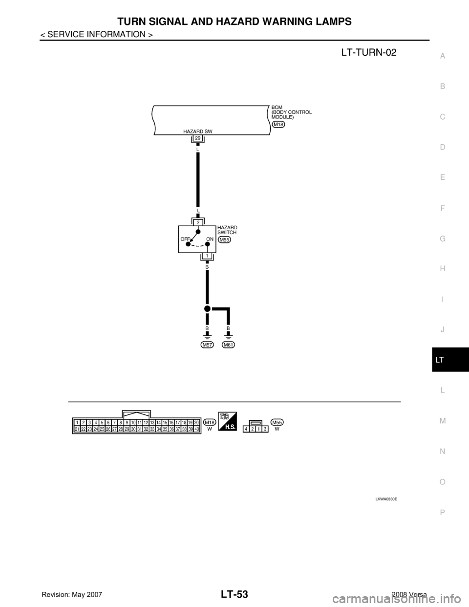 NISSAN TIIDA 2008  Service Repair Manual TURN SIGNAL AND HAZARD WARNING LAMPS
LT-53
< SERVICE INFORMATION >
C
D
E
F
G
H
I
J
L
MA
B
LT
N
O
P
LKWA0330E 