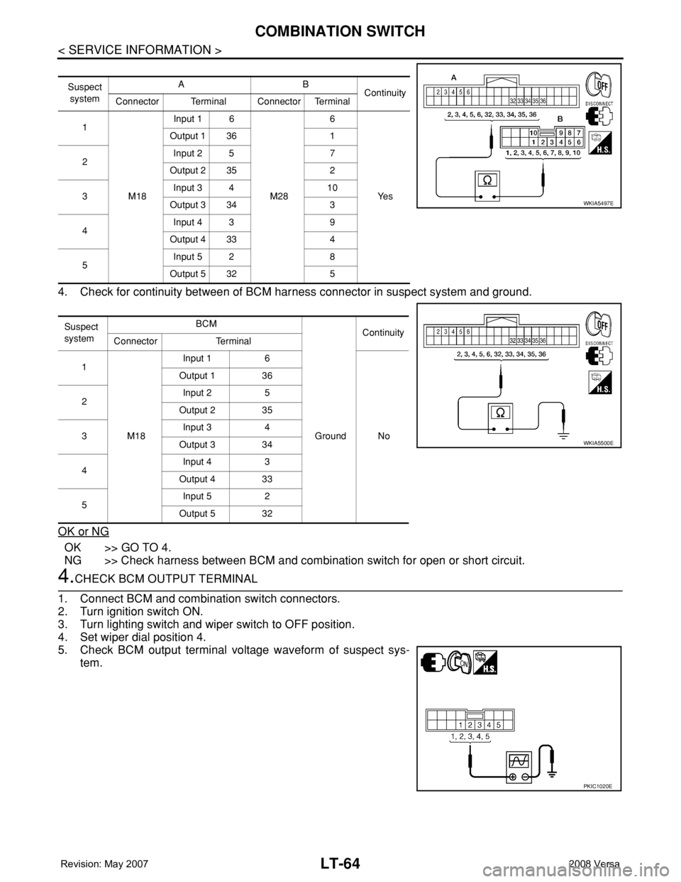 NISSAN TIIDA 2008  Service Repair Manual LT-64
< SERVICE INFORMATION >
COMBINATION SWITCH
4. Check for continuity between of BCM harness connector in suspect system and ground.
OK or NG
OK >> GO TO 4.
NG >> Check harness between BCM and comb