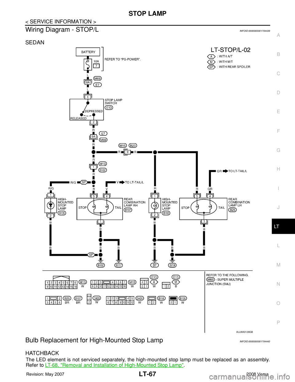 NISSAN TIIDA 2008  Service Repair Manual STOP LAMP
LT-67
< SERVICE INFORMATION >
C
D
E
F
G
H
I
J
L
MA
B
LT
N
O
P
Wiring Diagram - STOP/LINFOID:0000000001704439
SEDAN
Bulb Replacement for High-Mounted Stop LampINFOID:0000000001704440
HATCHBAC