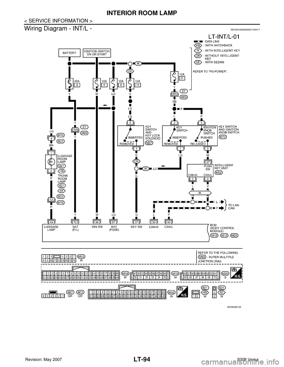 NISSAN TIIDA 2008  Service Repair Manual LT-94
< SERVICE INFORMATION >
INTERIOR ROOM LAMP
Wiring Diagram - INT/L -
INFOID:0000000001704471
WKWA5813E 