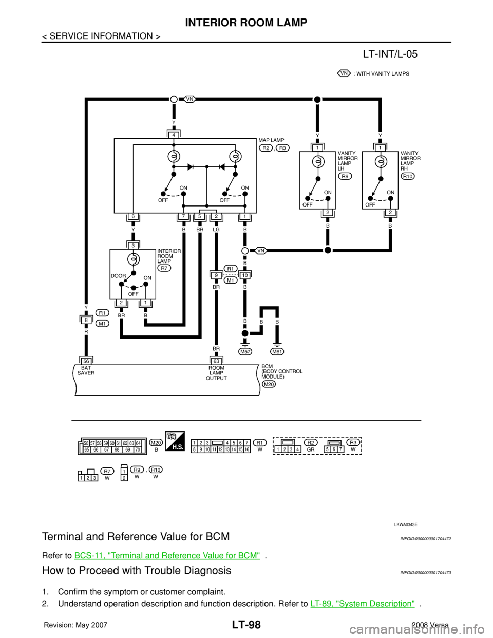 NISSAN TIIDA 2008  Service Repair Manual LT-98
< SERVICE INFORMATION >
INTERIOR ROOM LAMP
Terminal and Reference Value for BCM
INFOID:0000000001704472
Refer to BCS-11, "Terminal and Reference Value for BCM"  . 
How to Proceed with Tr