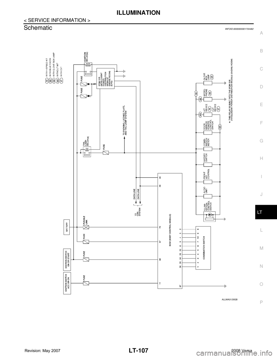 NISSAN TIIDA 2008  Service Repair Manual ILLUMINATION
LT-107
< SERVICE INFORMATION >
C
D
E
F
G
H
I
J
L
MA
B
LT
N
O
P
SchematicINFOID:0000000001704482
ALLWA0129GB 
