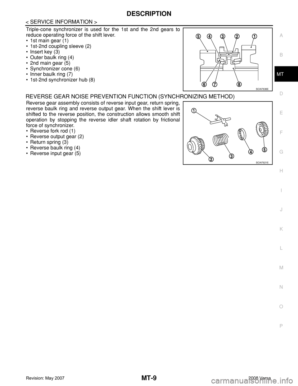 NISSAN TIIDA 2008  Service Repair Manual DESCRIPTION
MT-9
< SERVICE INFORMATION >
D
E
F
G
H
I
J
K
L
MA
B
MT
N
O
P
Triple-cone synchronizer is used for the 1st and the 2nd gears to
reduce operating force of the shift lever.
• 1st main gear 