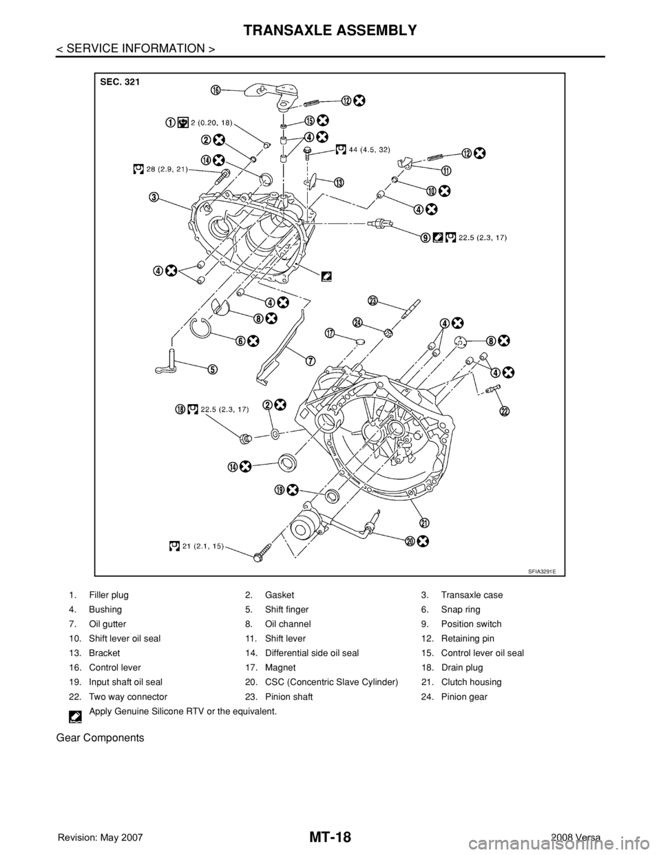NISSAN TIIDA 2008  Service Repair Manual MT-18
< SERVICE INFORMATION >
TRANSAXLE ASSEMBLY
Gear Components
1. Filler plug 2. Gasket 3. Transaxle case
4. Bushing 5. Shift finger 6. Snap ring
7. Oil gutter 8. Oil channel 9. Position switch
10. 