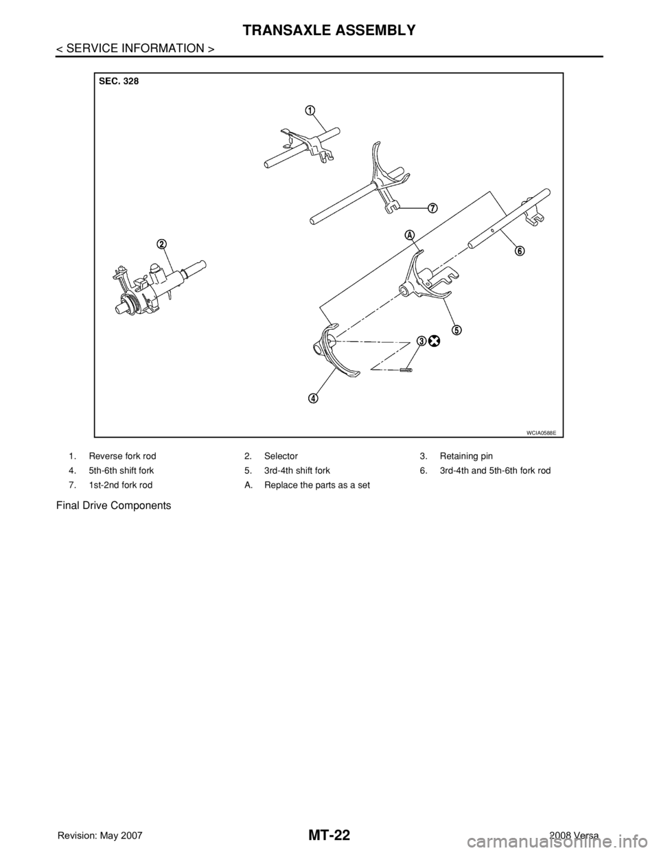 NISSAN TIIDA 2008  Service Repair Manual MT-22
< SERVICE INFORMATION >
TRANSAXLE ASSEMBLY
Final Drive Components
1. Reverse fork rod 2. Selector  3. Retaining pin
4. 5th-6th shift fork 5. 3rd-4th shift fork 6. 3rd-4th and 5th-6th fork rod
7.