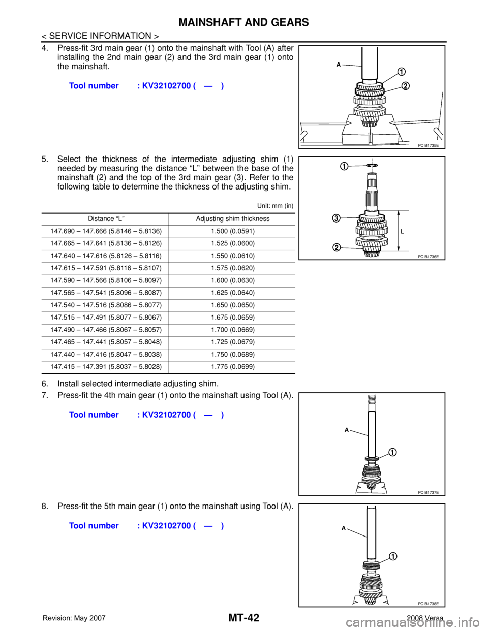 NISSAN TIIDA 2008 Service Repair Manual MT-42
< SERVICE INFORMATION >
MAINSHAFT AND GEARS
4. Press-fit 3rd main gear (1) onto the mainshaft with Tool (A) after
installing the 2nd main gear (2) and the 3rd main gear (1) onto
the mainshaft.
5 NISSAN TIIDA 2008 Service Repair Manual MT-42
< SERVICE INFORMATION >
MAINSHAFT AND GEARS
4. Press-fit 3rd main gear (1) onto the mainshaft with Tool (A) after
installing the 2nd main gear (2) and the 3rd main gear (1) onto
the mainshaft.
5