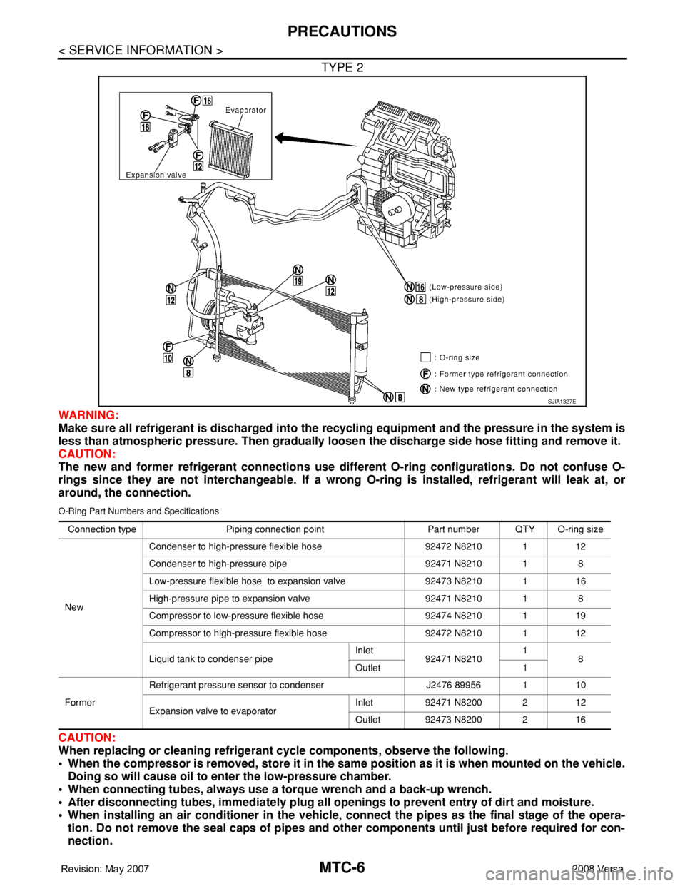 NISSAN TIIDA 2008 Service Repair Manual MTC-6
< SERVICE INFORMATION >
PRECAUTIONS
TYPE 2
WARNING:
Make sure all refrigerant is discharged into the recycling equipment and the pressure in the system is
less than atmospheric pressure. Then gr NISSAN TIIDA 2008 Service Repair Manual MTC-6
< SERVICE INFORMATION >
PRECAUTIONS
TYPE 2
WARNING:
Make sure all refrigerant is discharged into the recycling equipment and the pressure in the system is
less than atmospheric pressure. Then gr
