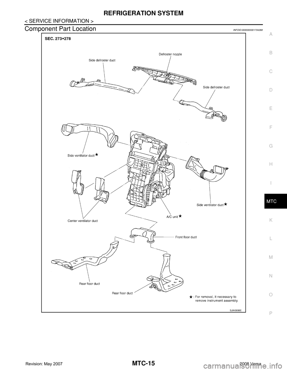 NISSAN TIIDA 2008 Service Repair Manual REFRIGERATION SYSTEM
MTC-15
< SERVICE INFORMATION >
C
D
E
F
G
H
I
K
L
MA
B
MTC
N
O
P
Component Part LocationINFOID:0000000001704288
SJIA0698E NISSAN TIIDA 2008 Service Repair Manual REFRIGERATION SYSTEM
MTC-15
< SERVICE INFORMATION >
C
D
E
F
G
H
I
K
L
MA
B
MTC
N
O
P
Component Part LocationINFOID:0000000001704288
SJIA0698E