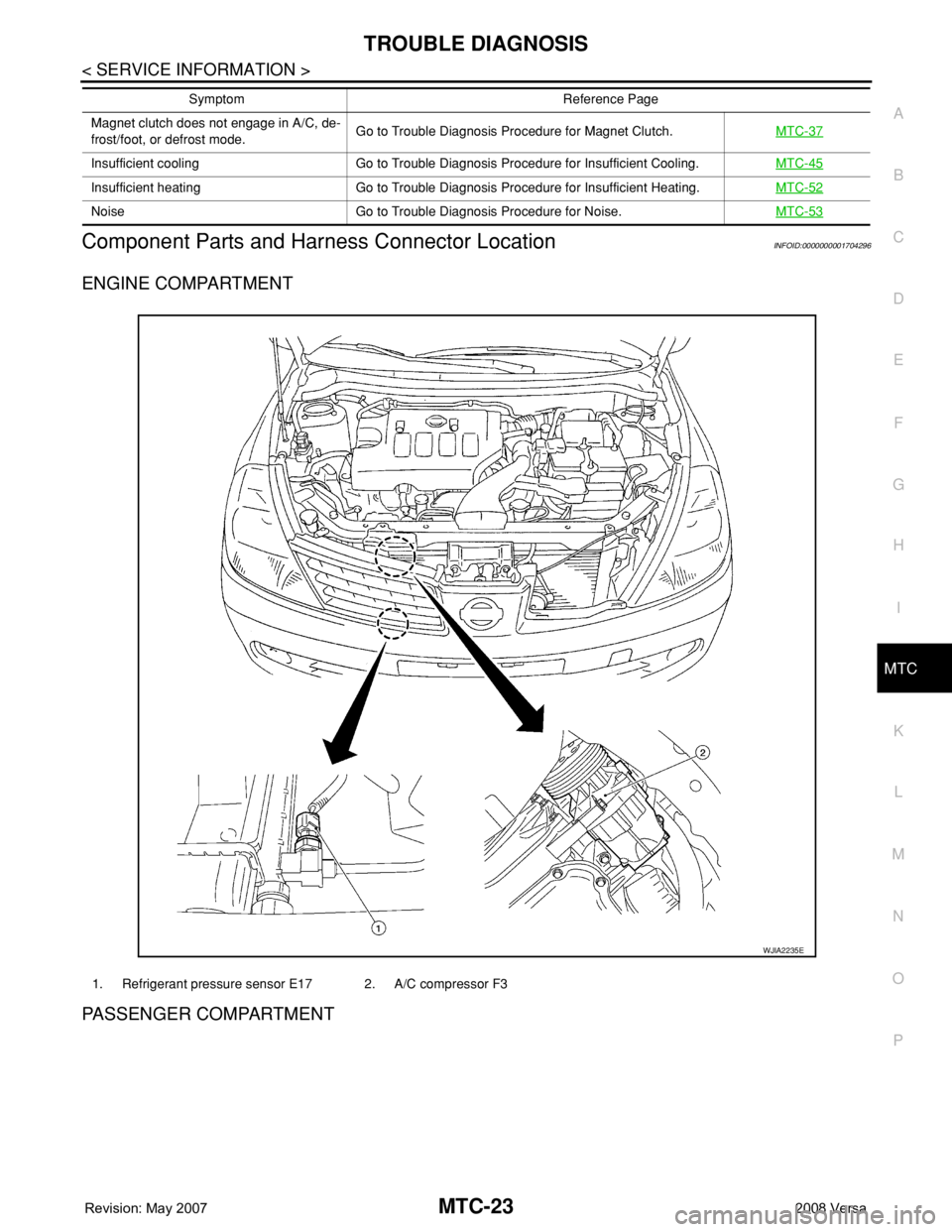 NISSAN TIIDA 2008  Service Repair Manual TROUBLE DIAGNOSIS
MTC-23
< SERVICE INFORMATION >
C
D
E
F
G
H
I
K
L
MA
B
MTC
N
O
P
Component Parts and Harness Connector LocationINFOID:0000000001704296
ENGINE COMPARTMENT
PASSENGER COMPARTMENT
Magnet 