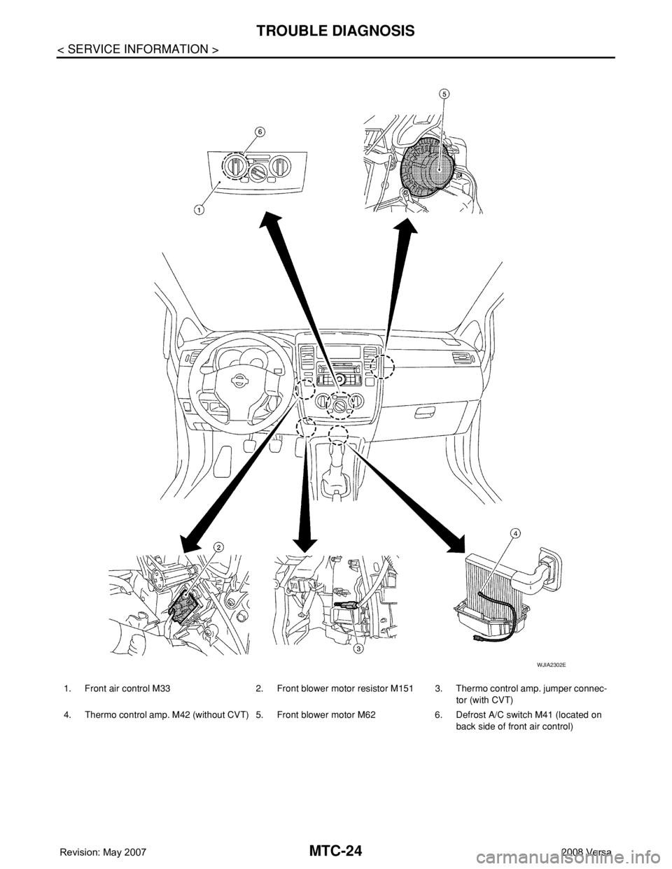 NISSAN TIIDA 2008  Service Repair Manual MTC-24
< SERVICE INFORMATION >
TROUBLE DIAGNOSIS
1. Front air control M33 2. Front blower motor resistor M151 3. Thermo control amp. jumper connec-
tor (with CVT) 
4. Thermo control amp. M42 (without 