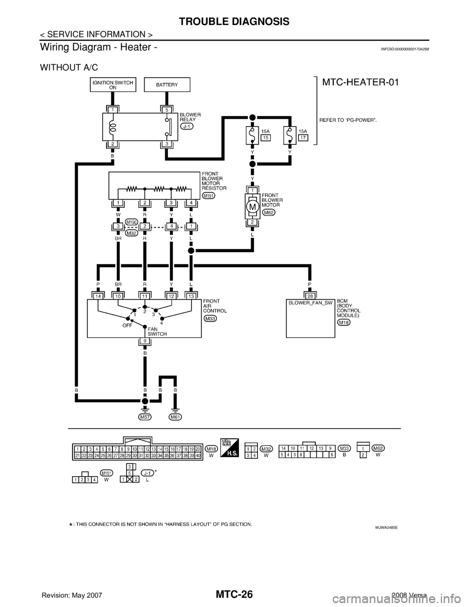 NISSAN TIIDA 2008  Service Repair Manual MTC-26
< SERVICE INFORMATION >
TROUBLE DIAGNOSIS
Wiring Diagram - Heater -
INFOID:0000000001704298
WITHOUT A/C
WJWA0485E 