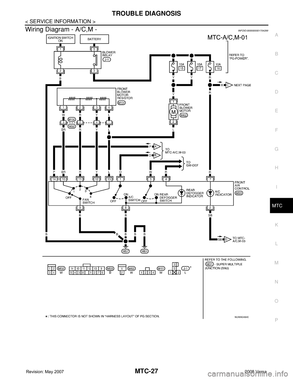 NISSAN TIIDA 2008  Service Repair Manual TROUBLE DIAGNOSIS
MTC-27
< SERVICE INFORMATION >
C
D
E
F
G
H
I
K
L
MA
B
MTC
N
O
P
Wiring Diagram - A/C,M -INFOID:0000000001704299
WJWA0484E 