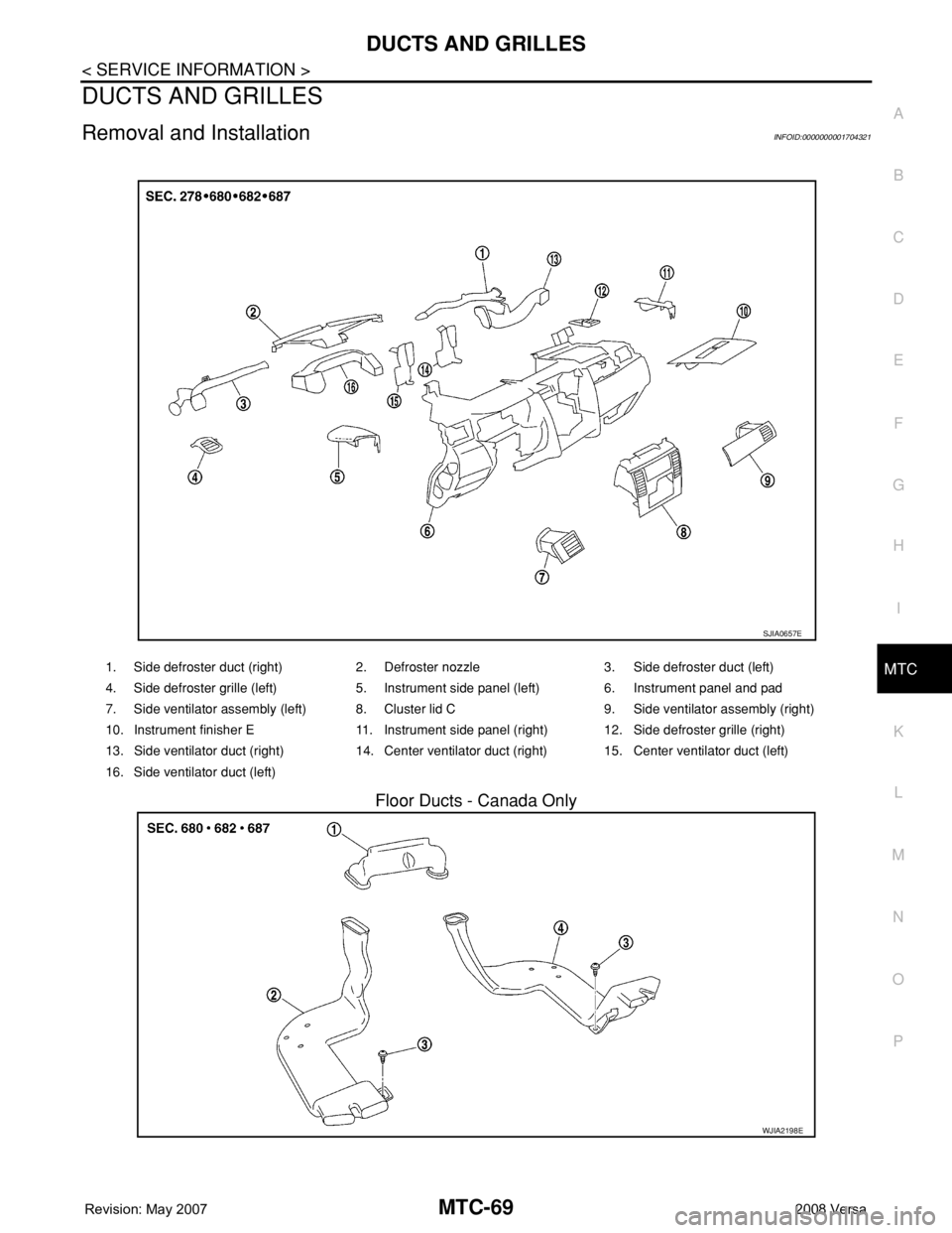 NISSAN TIIDA 2008  Service Repair Manual DUCTS AND GRILLES
MTC-69
< SERVICE INFORMATION >
C
D
E
F
G
H
I
K
L
MA
B
MTC
N
O
P
DUCTS AND GRILLES
Removal and InstallationINFOID:0000000001704321
Floor Ducts - Canada Only
1. Side defroster duct (ri