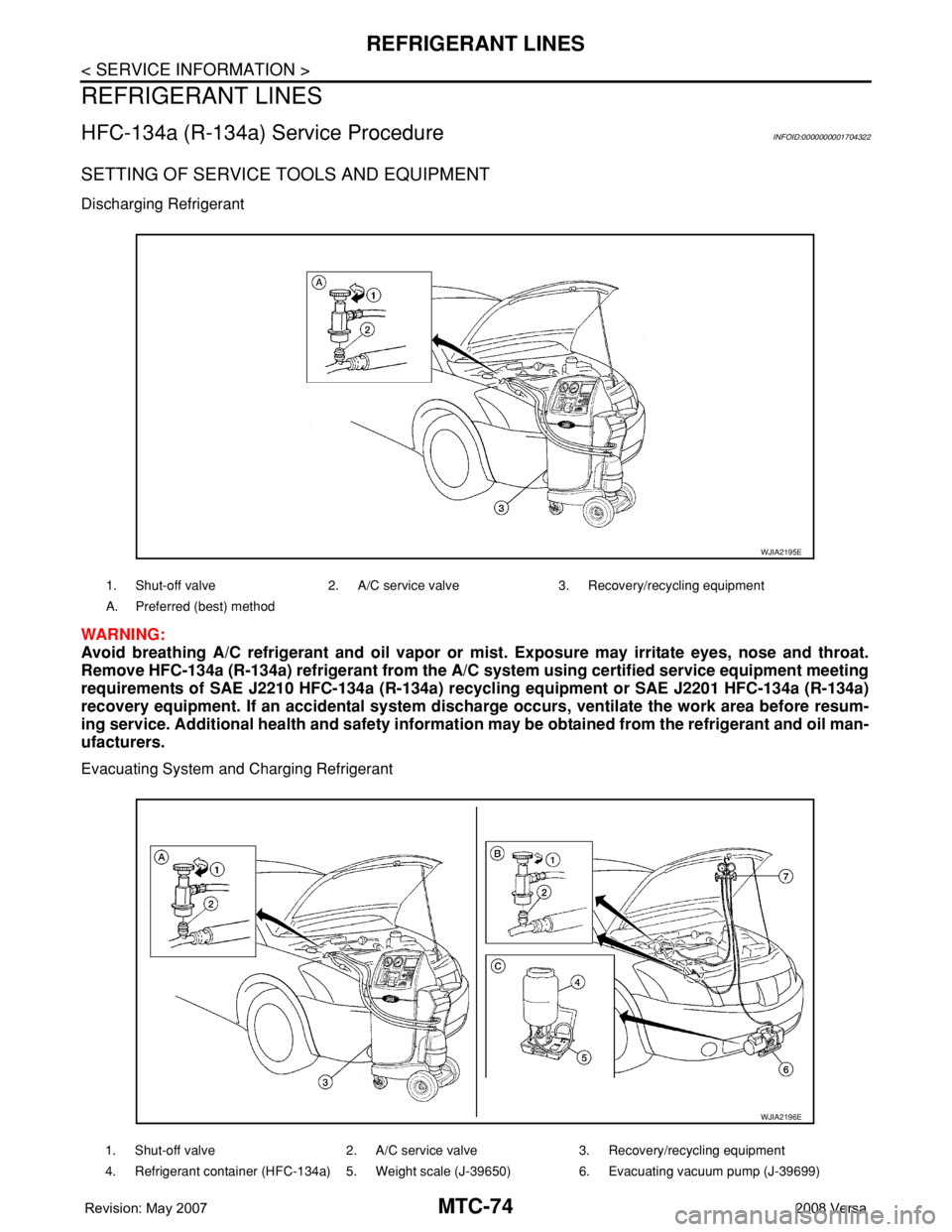 NISSAN TIIDA 2008 Service Repair Manual MTC-74
< SERVICE INFORMATION >
REFRIGERANT LINES
REFRIGERANT LINES
HFC-134a (R-134a) Service ProcedureINFOID:0000000001704322
SETTING OF SERVICE TOOLS AND EQUIPMENT
Discharging Refrigerant
WARNING:
Av NISSAN TIIDA 2008 Service Repair Manual MTC-74
< SERVICE INFORMATION >
REFRIGERANT LINES
REFRIGERANT LINES
HFC-134a (R-134a) Service ProcedureINFOID:0000000001704322
SETTING OF SERVICE TOOLS AND EQUIPMENT
Discharging Refrigerant
WARNING:
Av