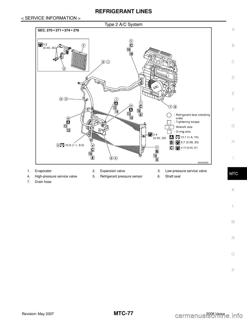 NISSAN TIIDA 2008 Service Repair Manual REFRIGERANT LINES
MTC-77
< SERVICE INFORMATION >
C
D
E
F
G
H
I
K
L
MA
B
MTC
N
O
P
Type 2 A/C System
WJIA2202E
1. Evaporator 2. Expansion valve 3. Low-pressure service valve
4. High-pressure service va NISSAN TIIDA 2008 Service Repair Manual REFRIGERANT LINES
MTC-77
< SERVICE INFORMATION >
C
D
E
F
G
H
I
K
L
MA
B
MTC
N
O
P
Type 2 A/C System
WJIA2202E
1. Evaporator 2. Expansion valve 3. Low-pressure service valve
4. High-pressure service va