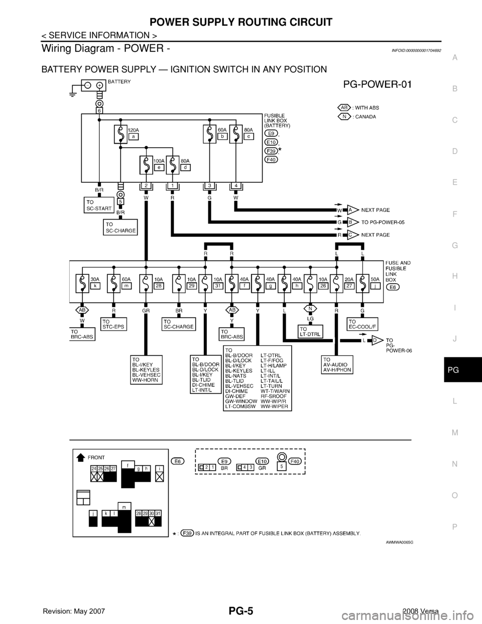 NISSAN TIIDA 2008  Service Repair Manual POWER SUPPLY ROUTING CIRCUIT
PG-5
< SERVICE INFORMATION >
C
D
E
F
G
H
I
J
L
MA
B
PG
N
O
P
Wiring Diagram - POWER -INFOID:0000000001704692
BATTERY POWER SUPPLY — IGNITION SWITCH IN ANY POSITION
AWMWA