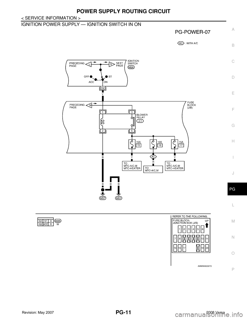 NISSAN TIIDA 2008 Service Repair Manual POWER SUPPLY ROUTING CIRCUIT
PG-11
< SERVICE INFORMATION >
C
D
E
F
G
H
I
J
L
MA
B
PG
N
O
P
IGNITION POWER SUPPLY — IGNITION SWITCH IN ON
AWMWA0067G NISSAN TIIDA 2008 Service Repair Manual POWER SUPPLY ROUTING CIRCUIT
PG-11
< SERVICE INFORMATION >
C
D
E
F
G
H
I
J
L
MA
B
PG
N
O
P
IGNITION POWER SUPPLY — IGNITION SWITCH IN ON
AWMWA0067G