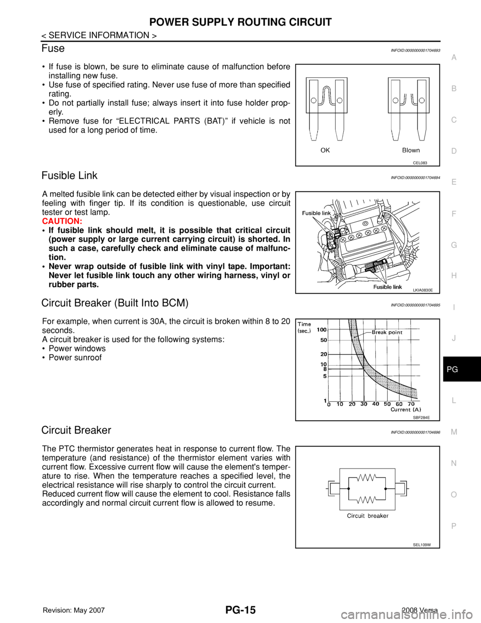 NISSAN TIIDA 2008 Service Repair Manual POWER SUPPLY ROUTING CIRCUIT
PG-15
< SERVICE INFORMATION >
C
D
E
F
G
H
I
J
L
MA
B
PG
N
O
P
FuseINFOID:0000000001704693
• If fuse is blown, be sure to eliminate cause of malfunction before
installing NISSAN TIIDA 2008 Service Repair Manual POWER SUPPLY ROUTING CIRCUIT
PG-15
< SERVICE INFORMATION >
C
D
E
F
G
H
I
J
L
MA
B
PG
N
O
P
FuseINFOID:0000000001704693
• If fuse is blown, be sure to eliminate cause of malfunction before
installing