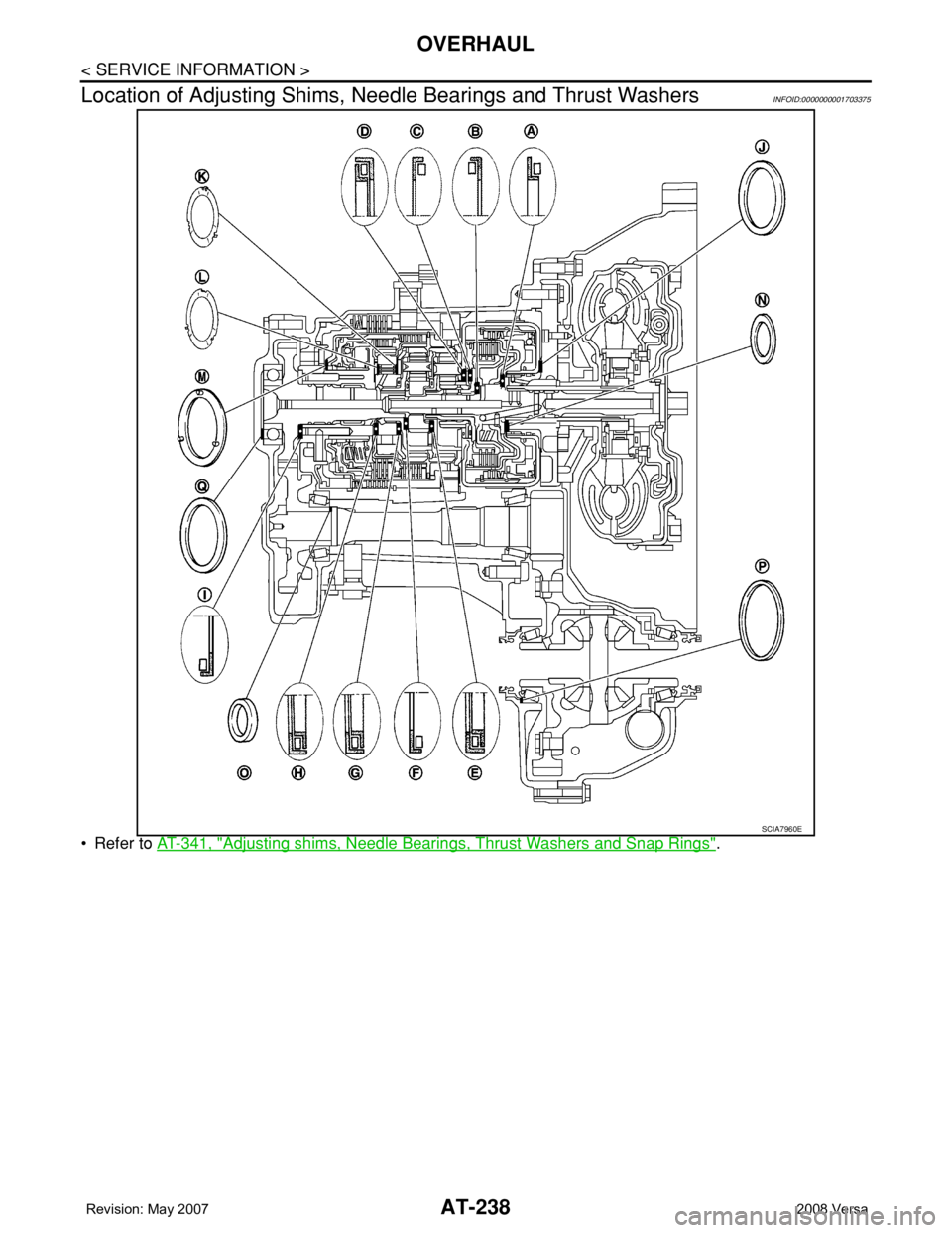 NISSAN TIIDA 2008  Service Repair Manual AT-238
< SERVICE INFORMATION >
OVERHAUL
Location of Adjusting Shims, Needle Bearings and Thrust Washers
INFOID:0000000001703375
• Refer to AT-341, "Adjusting shims, Needle Bearings, Thrust Washe