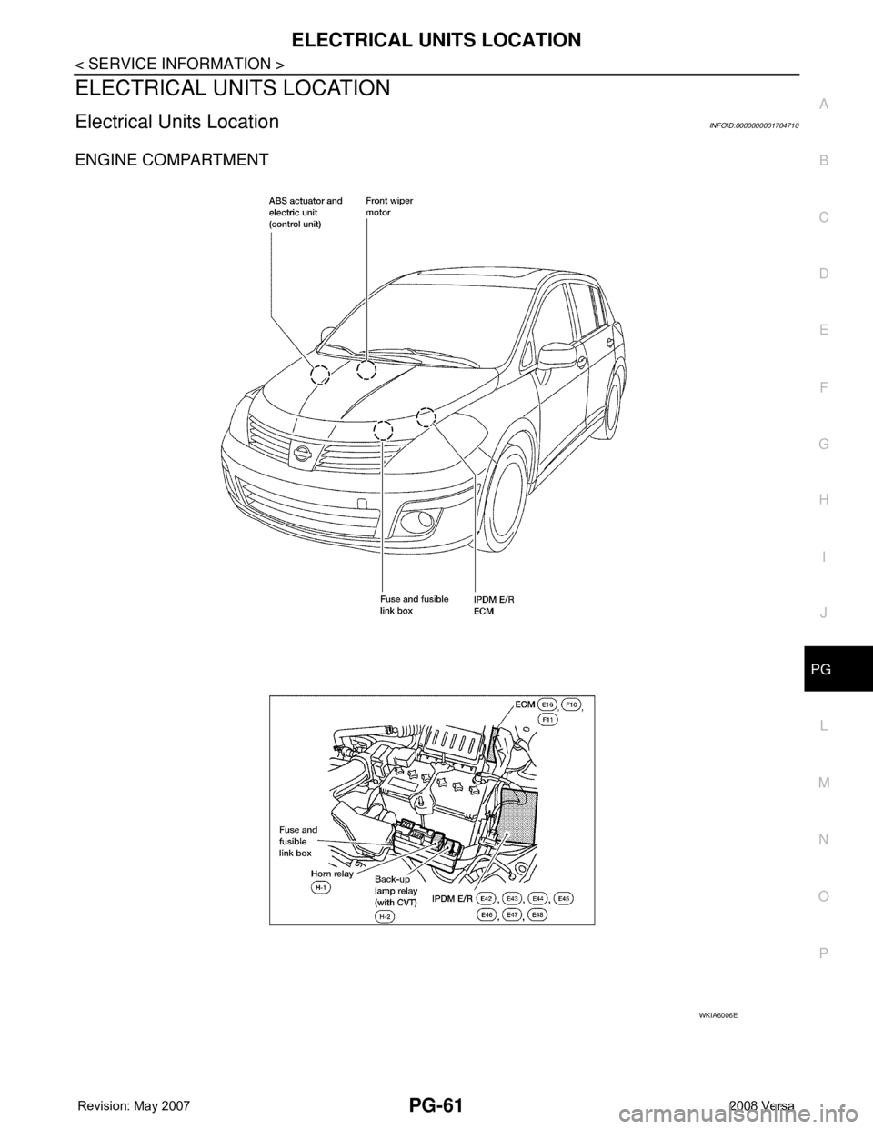 NISSAN TIIDA 2008 Service Repair Manual ELECTRICAL UNITS LOCATION
PG-61
< SERVICE INFORMATION >
C
D
E
F
G
H
I
J
L
MA
B
PG
N
O
P
ELECTRICAL UNITS LOCATION
Electrical Units LocationINFOID:0000000001704710
ENGINE COMPARTMENT
WKIA6006E NISSAN TIIDA 2008 Service Repair Manual ELECTRICAL UNITS LOCATION
PG-61
< SERVICE INFORMATION >
C
D
E
F
G
H
I
J
L
MA
B
PG
N
O
P
ELECTRICAL UNITS LOCATION
Electrical Units LocationINFOID:0000000001704710
ENGINE COMPARTMENT
WKIA6006E