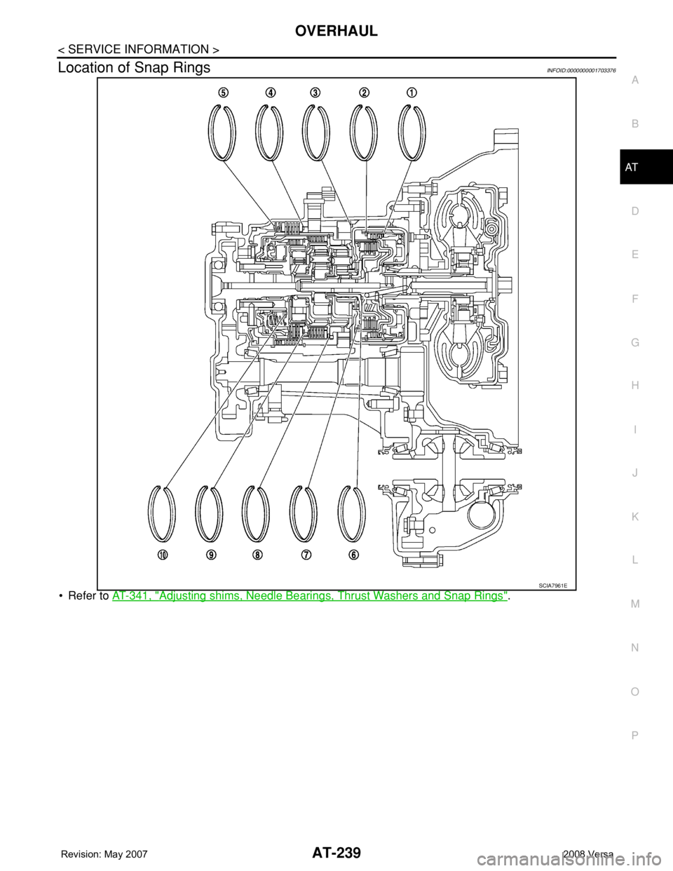NISSAN TIIDA 2008  Service Repair Manual OVERHAUL
AT-239
< SERVICE INFORMATION >
D
E
F
G
H
I
J
K
L
MA
B
AT
N
O
P
Location of Snap RingsINFOID:0000000001703376
• Refer to AT-341, "Adjusting shims, Needle Bearings, Thrust Washers and Sna