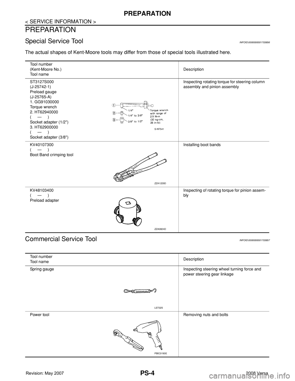 NISSAN TIIDA 2008  Service Repair Manual PS-4
< SERVICE INFORMATION >
PREPARATION
PREPARATION
Special Service ToolINFOID:0000000001703856
The actual shapes of Kent-Moore tools may differ from those of special tools illustrated here.
Commerci