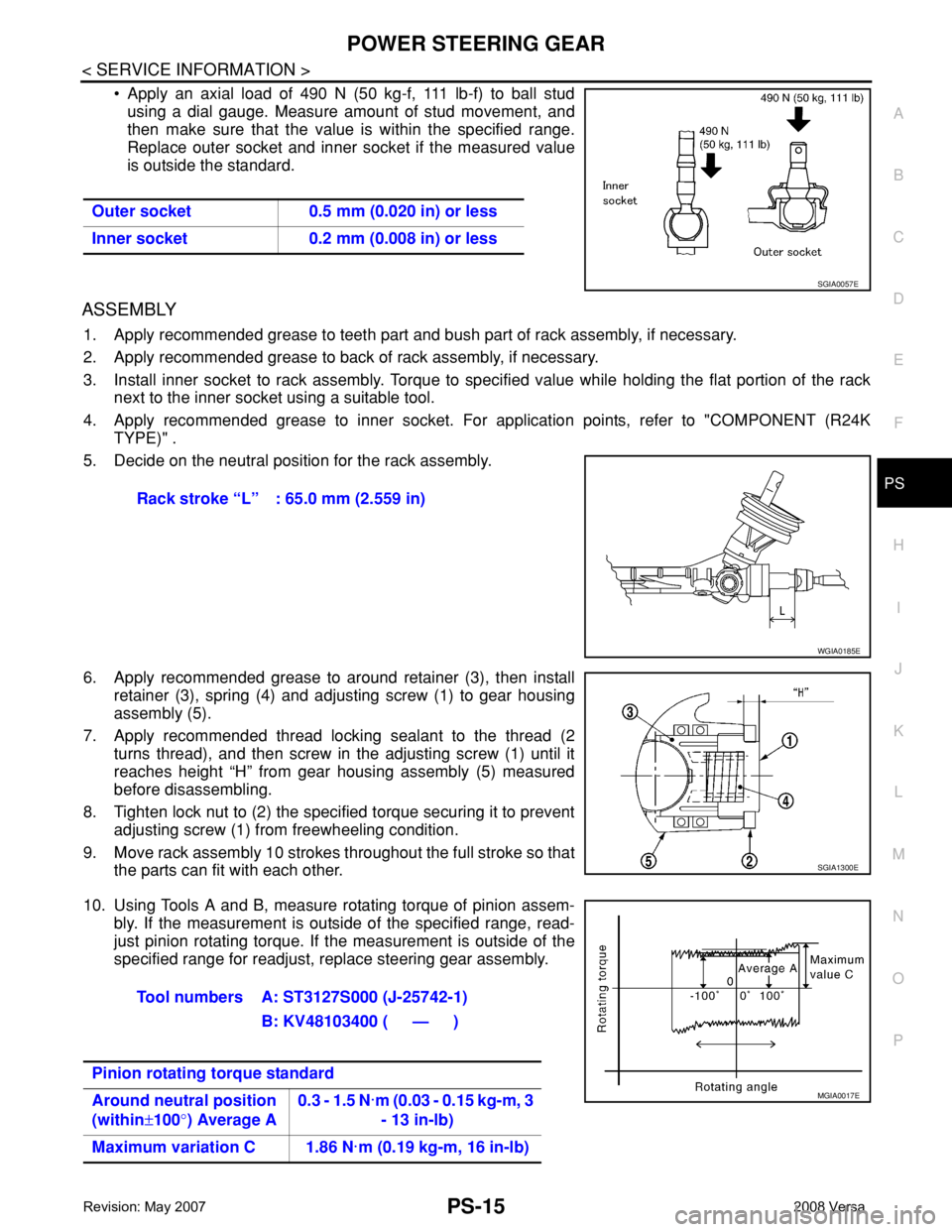 NISSAN TIIDA 2008 Service Repair Manual POWER STEERING GEAR
PS-15
< SERVICE INFORMATION >
C
D
E
F
H
I
J
K
L
MA
B
PS
N
O
P
• Apply an axial load of 490 N (50 kg-f, 111 lb-f) to ball stud
using a dial gauge. Measure amount of stud movement, NISSAN TIIDA 2008 Service Repair Manual POWER STEERING GEAR
PS-15
< SERVICE INFORMATION >
C
D
E
F
H
I
J
K
L
MA
B
PS
N
O
P
• Apply an axial load of 490 N (50 kg-f, 111 lb-f) to ball stud
using a dial gauge. Measure amount of stud movement,