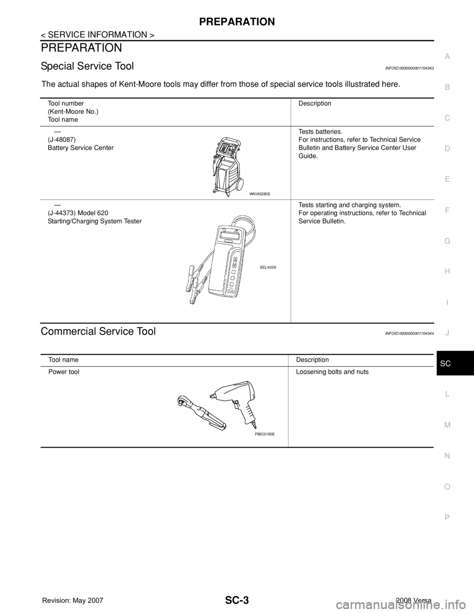 NISSAN TIIDA 2008  Service Repair Manual PREPARATION
SC-3
< SERVICE INFORMATION >
C
D
E
F
G
H
I
J
L
MA
B
SC
N
O
P
PREPARATION
Special Service ToolINFOID:0000000001704343
The actual shapes of Kent-Moore tools may differ from those of special 