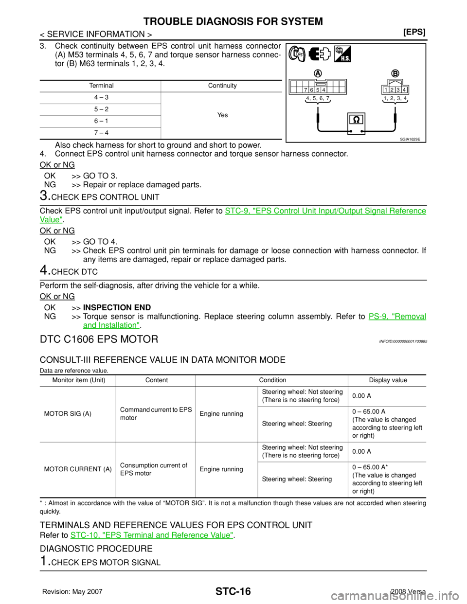 NISSAN TIIDA 2008  Service Repair Manual STC-16
< SERVICE INFORMATION >[EPS]
TROUBLE DIAGNOSIS FOR SYSTEM
3. Check continuity between EPS control unit harness connector
(A) M53 terminals 4, 5, 6, 7 and torque sensor harness connec-
tor (B) M