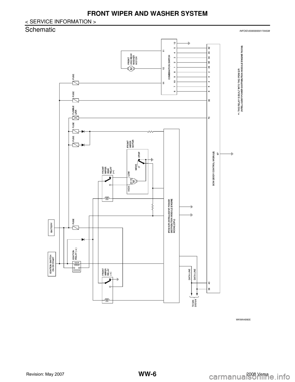 NISSAN TIIDA 2008  Service Repair Manual WW-6
< SERVICE INFORMATION >
FRONT WIPER AND WASHER SYSTEM
Schematic
INFOID:0000000001704538
WKWA4990E 