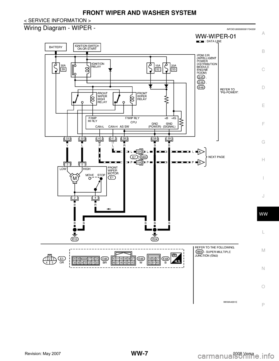NISSAN TIIDA 2008  Service Repair Manual FRONT WIPER AND WASHER SYSTEM
WW-7
< SERVICE INFORMATION >
C
D
E
F
G
H
I
J
L
MA
B
WW
N
O
P
Wiring Diagram - WIPER -INFOID:0000000001704539
WKWA4991E 