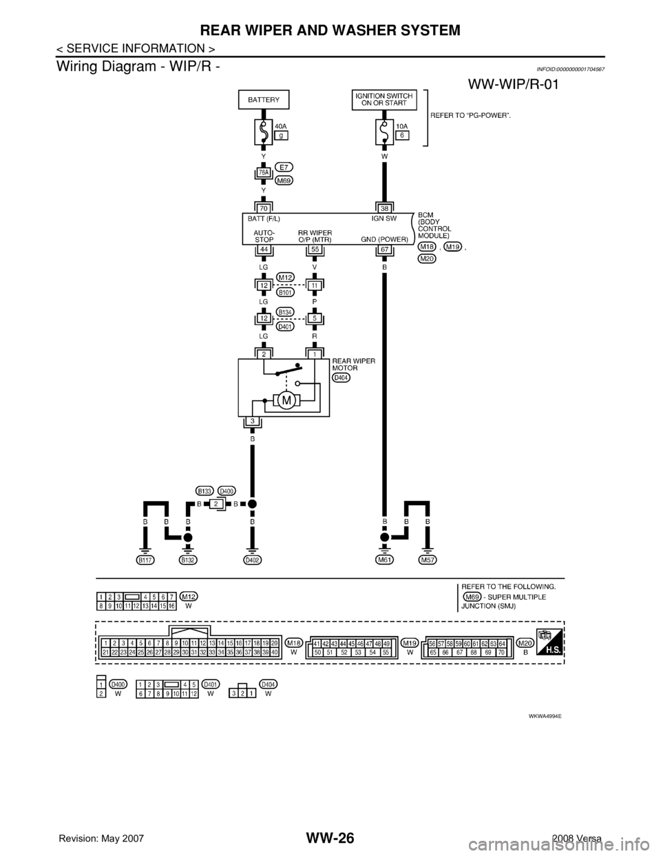 NISSAN TIIDA 2008  Service Repair Manual WW-26
< SERVICE INFORMATION >
REAR WIPER AND WASHER SYSTEM
Wiring Diagram - WIP/R -
INFOID:0000000001704567
WKWA4994E 