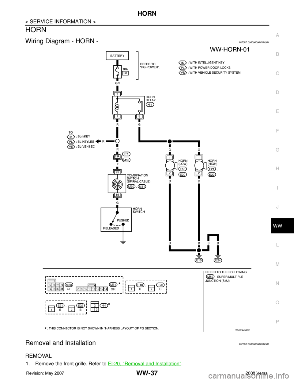 NISSAN TIIDA 2008  Service Repair Manual HORN
WW-37
< SERVICE INFORMATION >
C
D
E
F
G
H
I
J
L
MA
B
WW
N
O
P
HORN
Wiring Diagram - HORN -INFOID:0000000001704581
Removal and InstallationINFOID:0000000001704582
REMOVAL
1. Remove the front grill