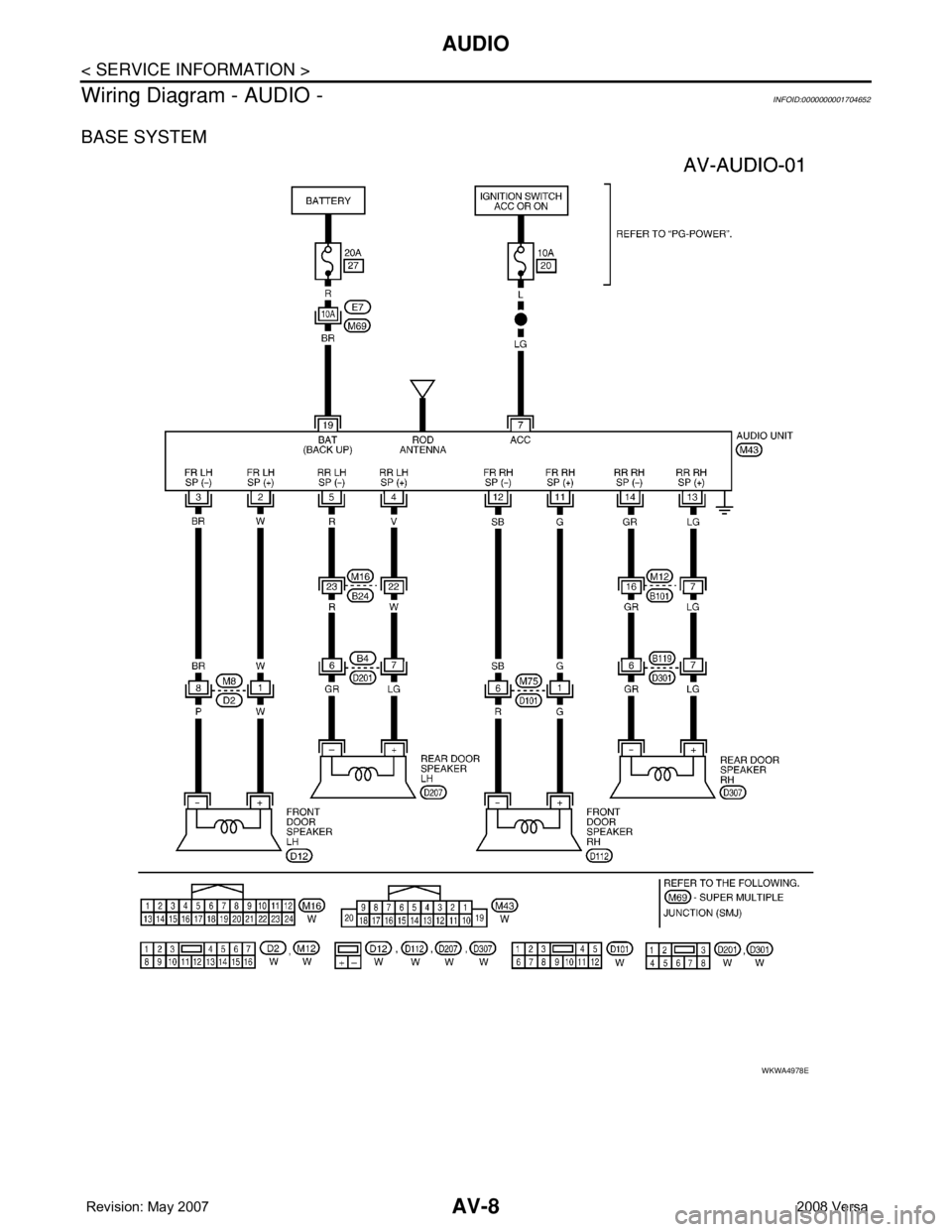 NISSAN TIIDA 2008  Service Repair Manual AV-8
< SERVICE INFORMATION >
AUDIO
Wiring Diagram - AUDIO -
INFOID:0000000001704652
BASE SYSTEM
WKWA4978E 