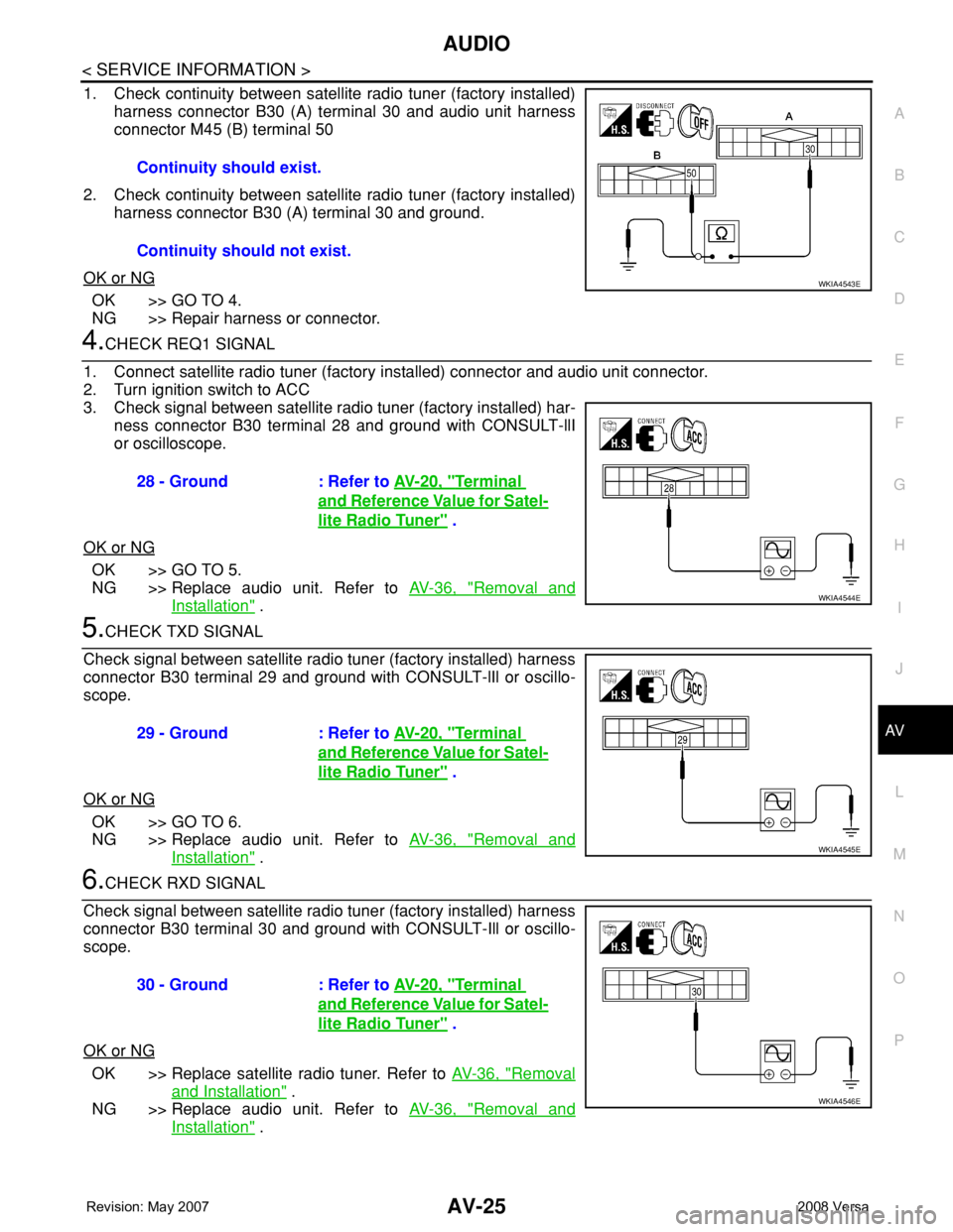 NISSAN TIIDA 2008 Service Repair Manual AUDIO
AV-25
< SERVICE INFORMATION >
C
D
E
F
G
H
I
J
L
MA
B
AV
N
O
P
1. Check continuity between satellite radio tuner (factory installed)
harness connector B30 (A) terminal 30 and audio unit harness
c NISSAN TIIDA 2008 Service Repair Manual AUDIO
AV-25
< SERVICE INFORMATION >
C
D
E
F
G
H
I
J
L
MA
B
AV
N
O
P
1. Check continuity between satellite radio tuner (factory installed)
harness connector B30 (A) terminal 30 and audio unit harness
c